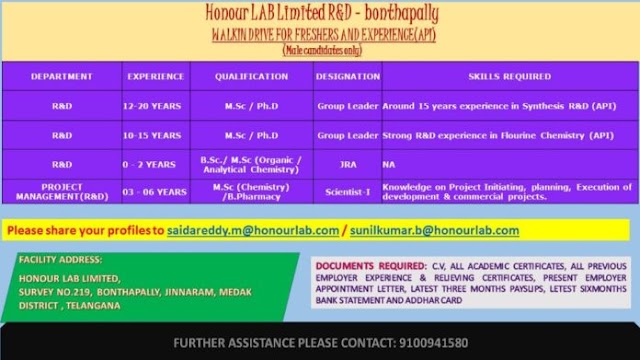 Honour Labs | Urgent openings for Freshers and Expd in R&D and PM | Send CV