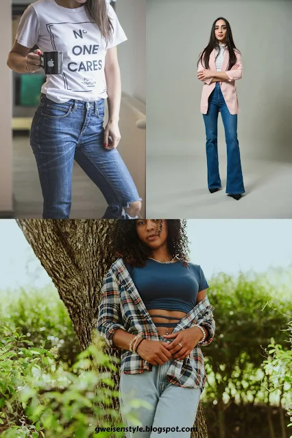 3 Images of women with Tees, Jeans and a Blazer