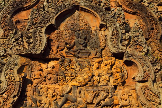 Intricate carvings on Banteay Srei temple walls