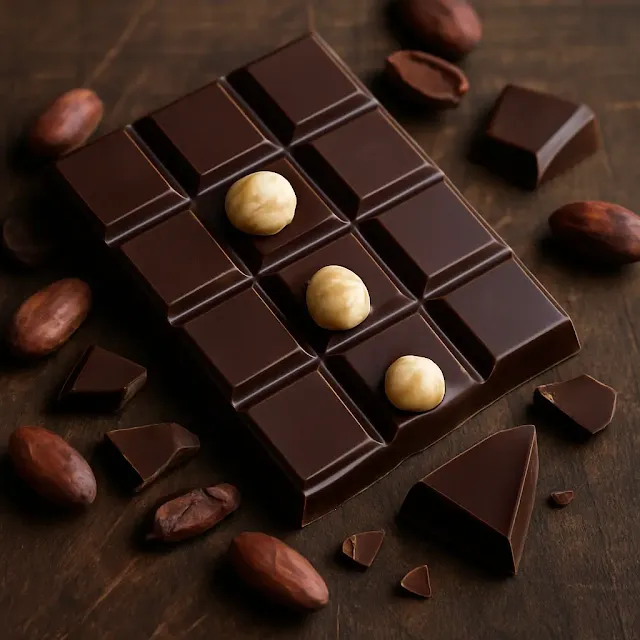Tableta de chocolate oscuro de alta pureza acompañada de granos de cacao y frutos secos, representando sus beneficios antioxidantes y su valor como snack saludable y funcional.
