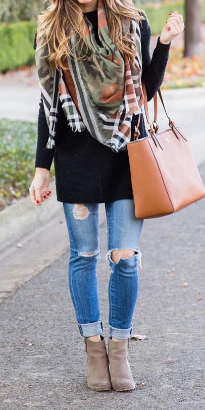 cute casual outfit idea / scarf + bag + ripped jeans + boots + sweater