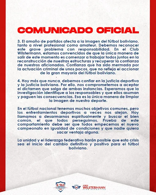 Comunicado del Club Wilstermann sobre la decisión de Anular los dos Torneos