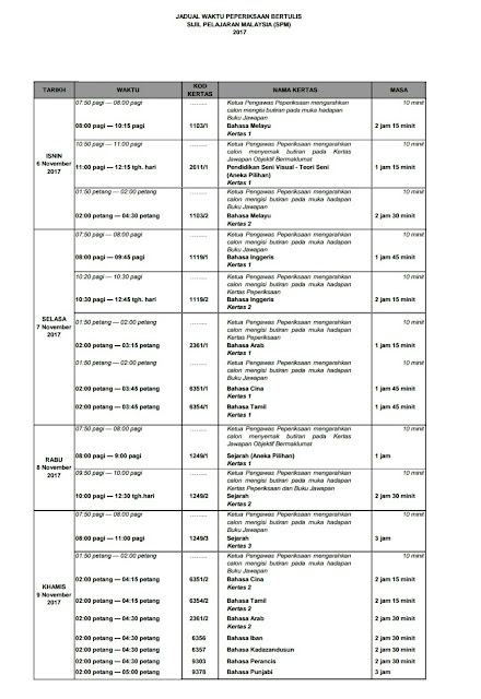 Jadual Waktu Peperiksaan Bertulis SPM 2017