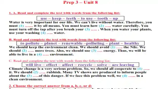 احدث امتحان لغة انجليزية على الوحدة الثامنة بالاجابات للصف الثالث الاعدادى الترم الثانى 2023