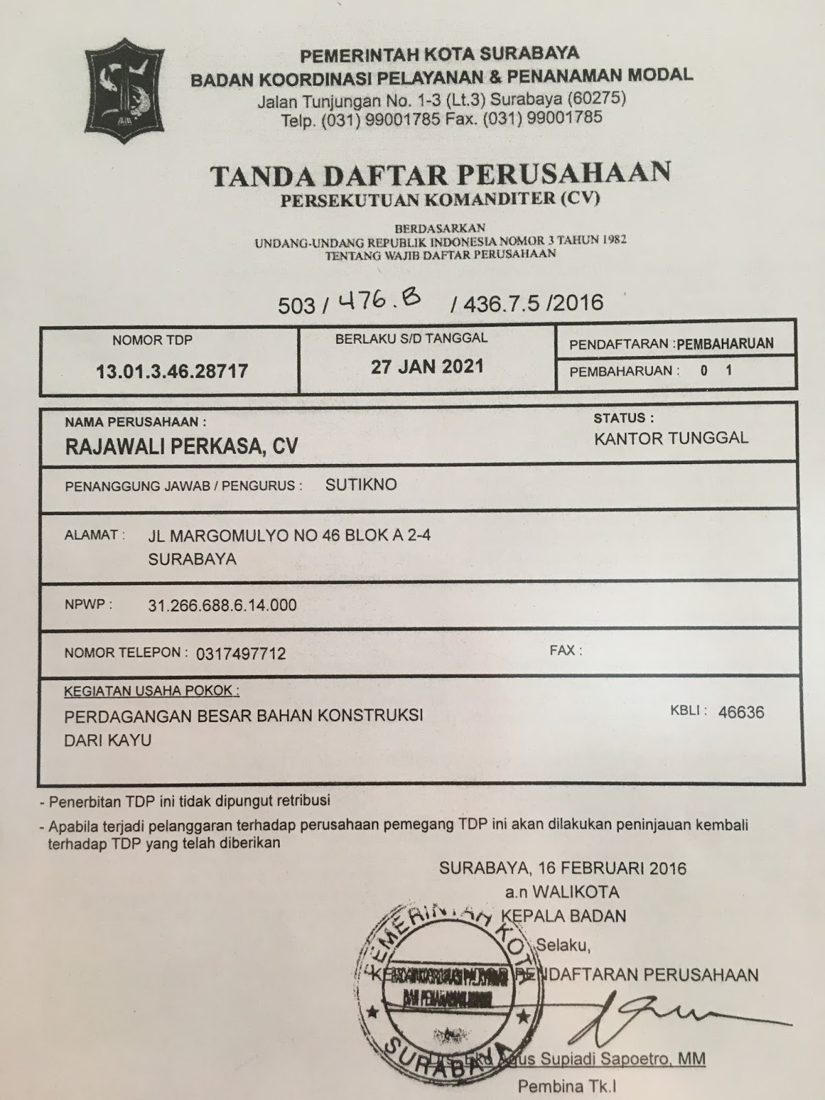 Triplek Surabaya: Legalitas Perusahaan CV Rajawali Perkasa