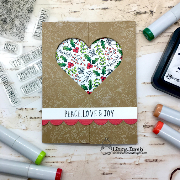 Peace, love, joy by Claire features Heartfelt Holidays, Heart Frames, and Sky Borders by Newton's Nook Designs; #inkypaws, #newtonsnook, #cardmaking, #christmascards, #holidaycards