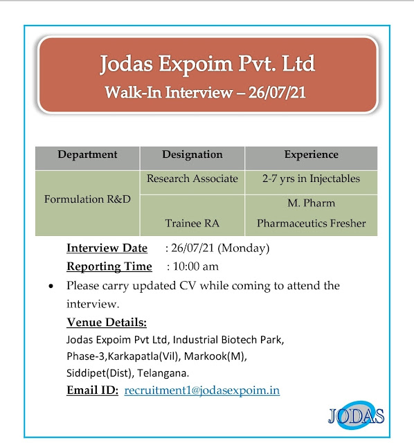 Job Availables, Jodas Expoim Pvt. Ltd Walk-In Interview for Freshers & Experienced Formulation R&D