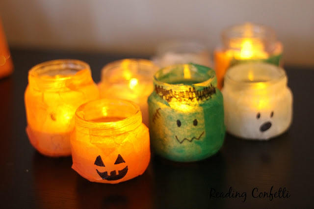 Halloween votive holders made from recycled jars and tissue paper