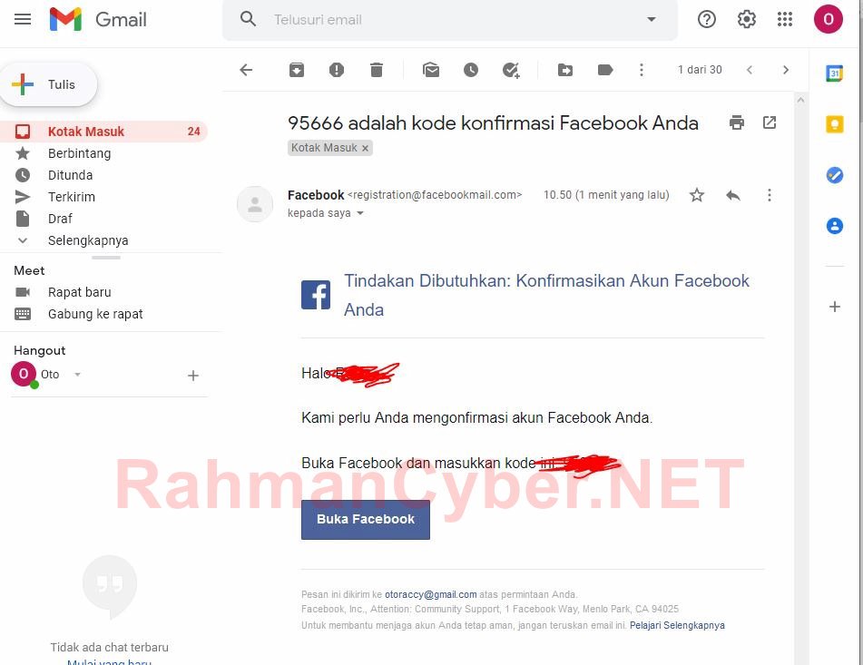 Email berisi Kode 6 Digit Verifikasi Facebook