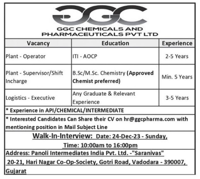 Ggc Chemicals And Pharmaceuticals Walk in Interview For Production and Logistics Department