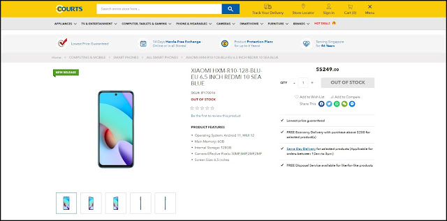 Redmi 10 ที่วางขายในเว็บไซต์ courts.com.sg