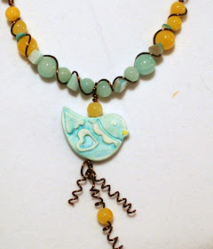 Tweetie: polymer art bead by Jeannie Dukic, bronze, jade, blue stone, ooak necklace, Echo Creative Club :: All Pretty Things