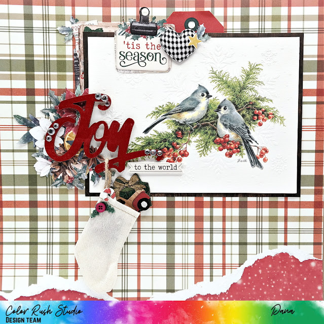 Christmas scrapbook layout created with the Simple Stories Simple Vintage 'Tis The Season collection and festive Color Rush Studio embellishments.