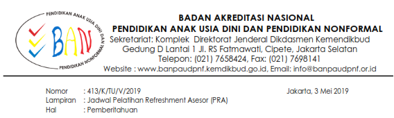 Jadwal Pelatihan Refreshment Asesor (PRA) BAN PAUD dan PNF Tahun 2019