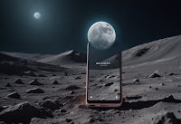 This image shows a Nokia phone lying on the surface of the moon. The phone is black in color and has a rectangular body with a touch screen on the front. It lies on the dim, gray surface of the Moon, surrounded by craters and other lunar features. In the background, you can see the Earth rising above the Moon's horizon.