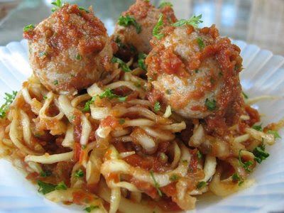 meatballs and spaghetti. Zucchini spaghetti and walnut