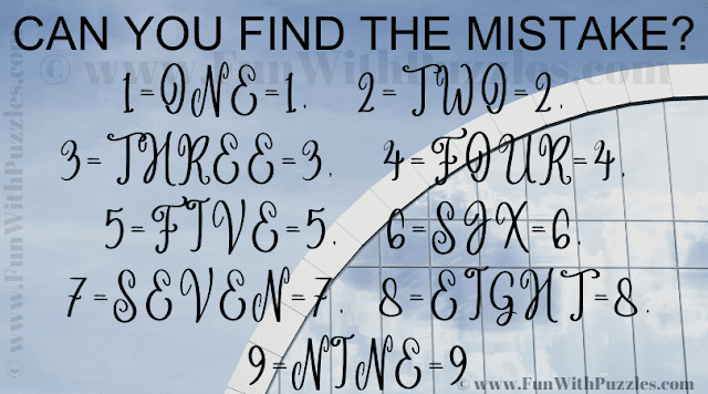 CAN YOU FIND THE MISTAKE? 1=ONE=1, 2=TWO=2, 3=THREE=3, 4=FOUR=4, 5=FIVE=5, 6=SJX=6, 7=SEVEN=7, 8=EIGHT=8, 9=NINE=9