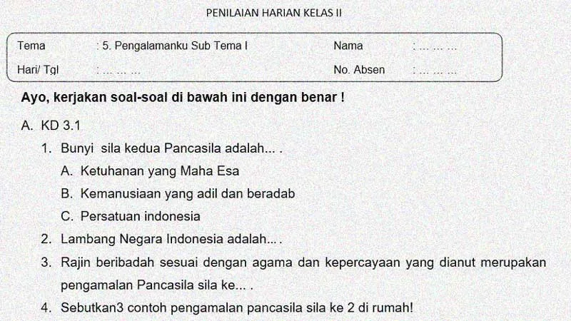 Soal Penilaian Harian Kelas 2 Tema 5 Subtema 1 dan Kunci Jawaban