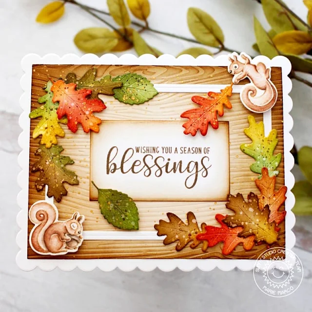 Sunny Studio Stamps: Autumn Greenery Die Focused Card by Marie Marco (featuring Autumn Greetings, Woodgrain Embossing Folder, Squirrel Friends)