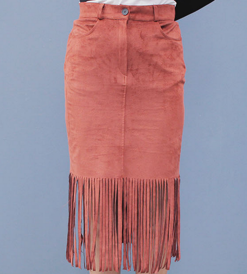  Faux Suede Fringe Hem Skirt