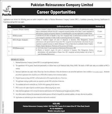 Pakistan Reinsurance Company Limited Jobs Advertisement 2022