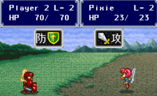 Player 2 L-2 HP 70/70 shows shield under player. Pixie HP 23 player is wearing red knight clothing and see fairly like character you fight here