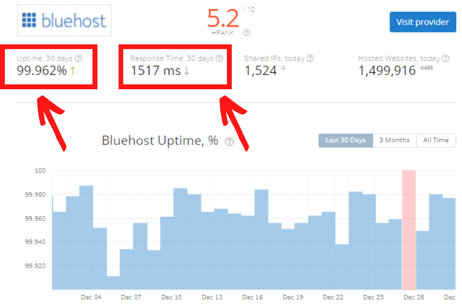 Bluehost's Uptime and Loading Speed Result