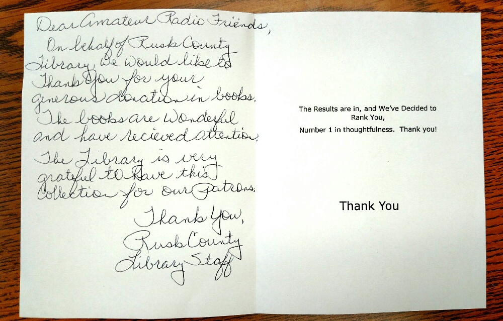 Rusk County Amateur Radio Club: "Thank You" from the Rusk Co. Library