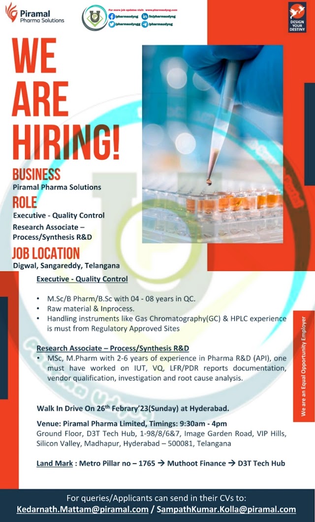 Piramal Pharma Solutions | Walk-in interview at Hyderabad for QC and R&D on 26th February 2023