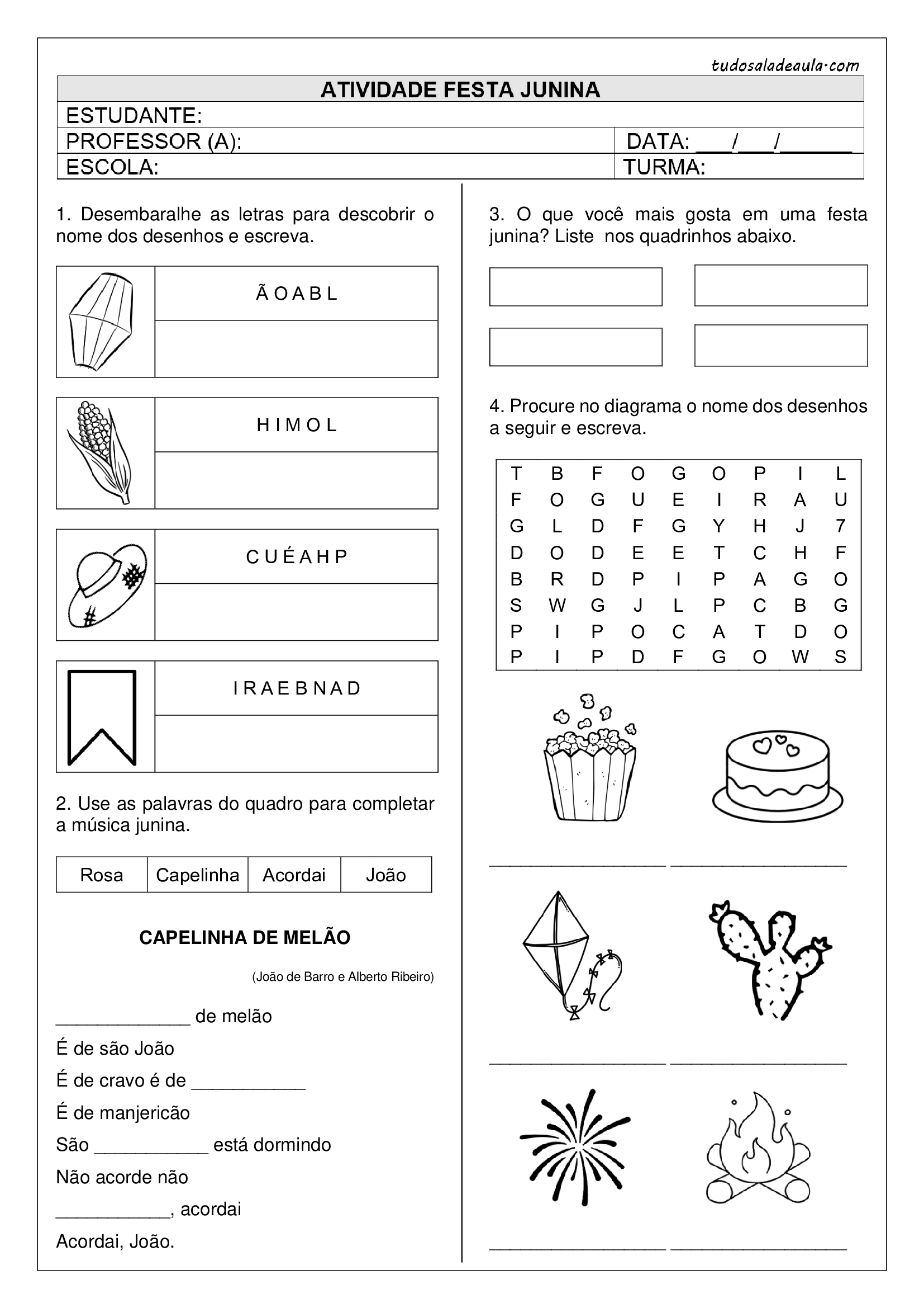 Quiz de Português (01) para o 1° e 2° ano Fundamental