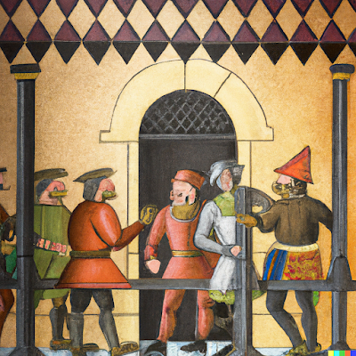 Medieval art depicting criminals and soldiers loitering outside the bar