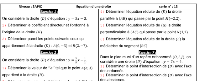 سلسلة تمارين معادلة المستقيم المستوى الثالث إعدادي série d"éxercices equation d'une droite 3APIC