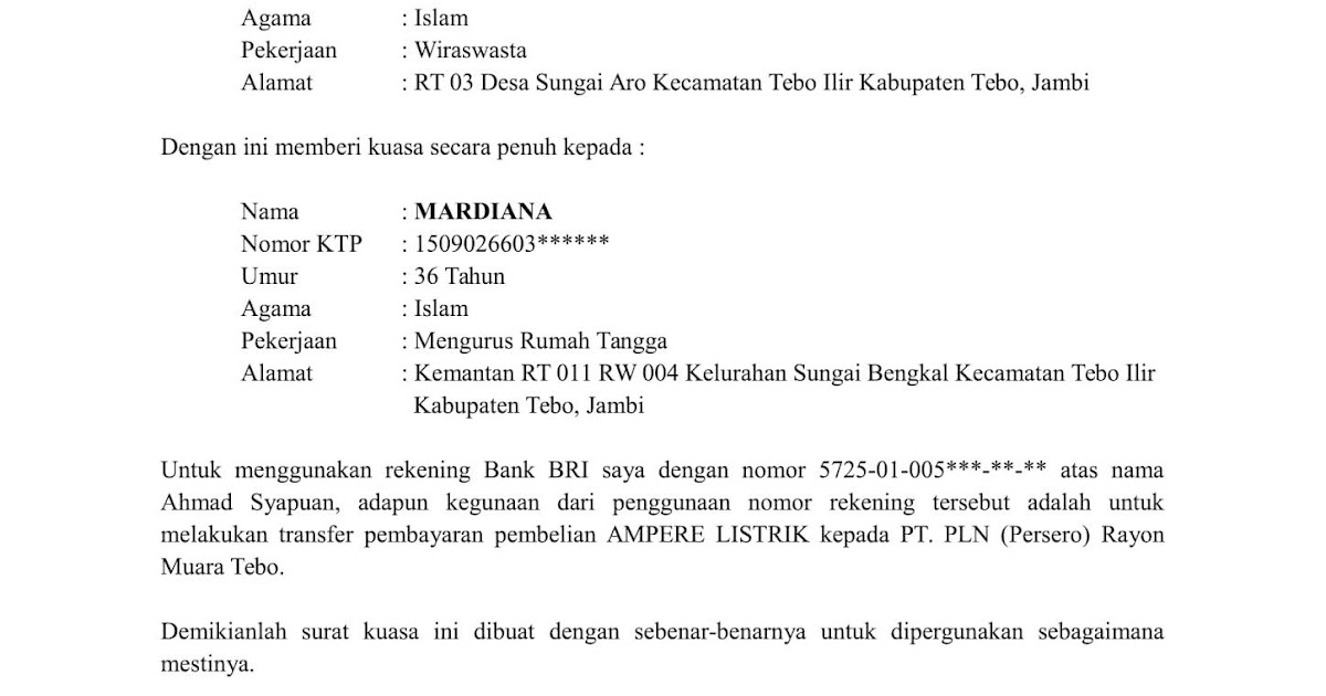 Contoh Surat Kuasa Pasang Baru Listrik Pln