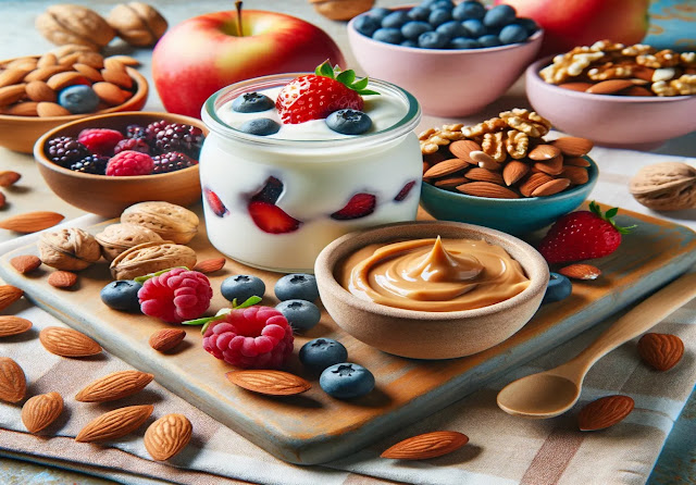 A variety of nutrient-dense snacks like yogurt, berries, nuts, and fruits, perfect for maintaining energy levels and satisfying cravings while supporting fat loss goals in women.