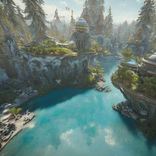 A large river runs through a dense forest filled with fantasy buildings