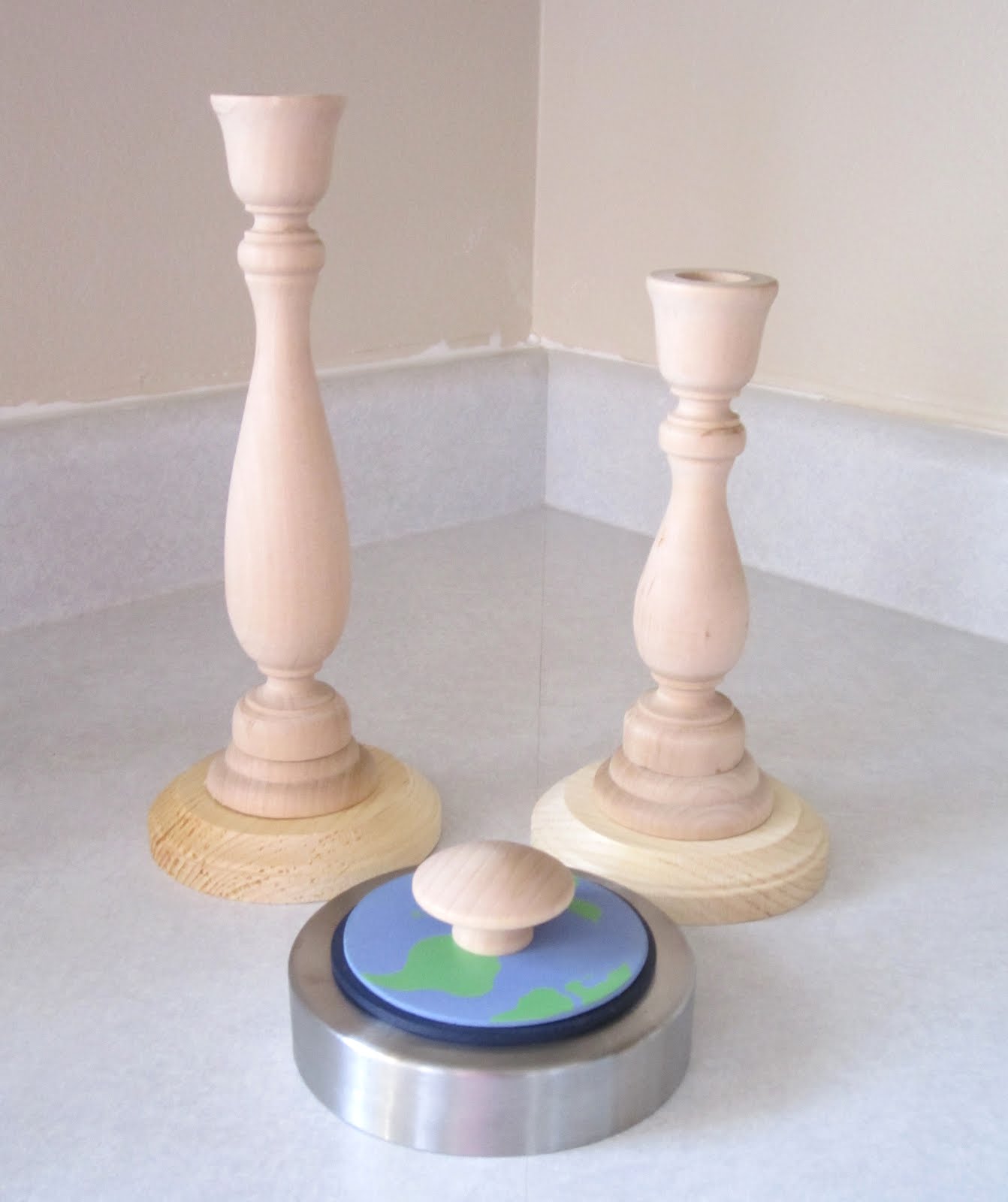 ... Glue your candlesticks to wood plaques, and wood knobs to lids