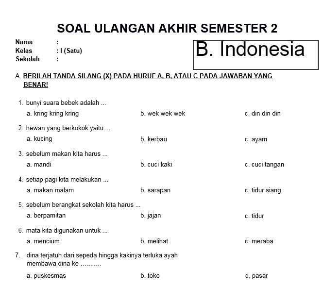 Soal Bahasa Indonesia Kelas 1 SD Semester 2 dan Kunci Jawaban