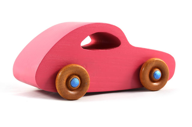 Handmade Wood Toy Car From The Play Pal Series  Based on 1957 VW Bug Pink with Metallic Blue Trim