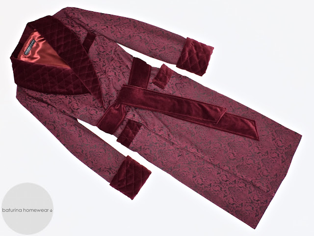 Men's burgundy velvet dressing gown smoking jacket quilted silk robe red paisley full length warm