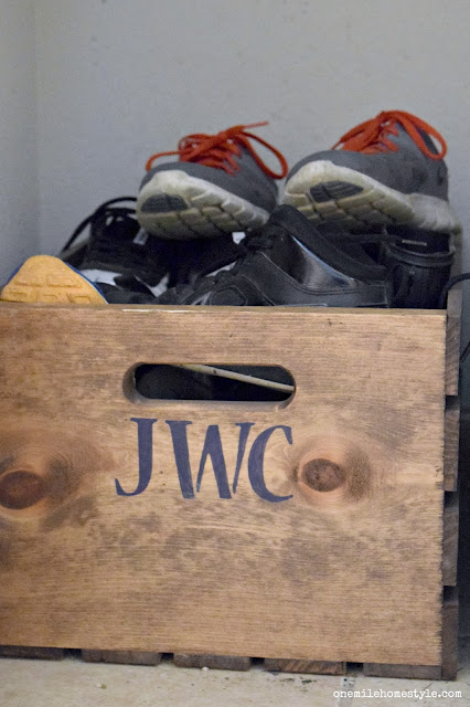 Wooden crate shoe organizing hack - One Mile Home Style