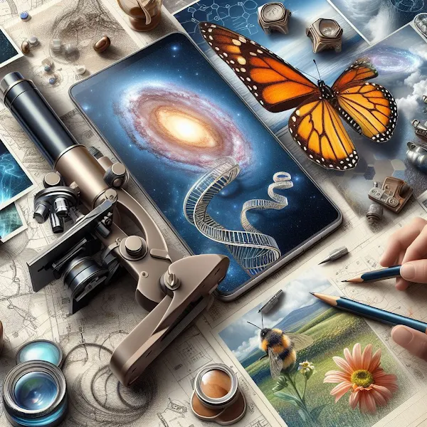 A photorealistic collage: Combine elements that symbolize traditional scientific research (microscopes, telescopes) with modern technology (smartphones, tablets) and imagery representing different citizen science projects (classifying galaxies, monitoring butterfly populations).