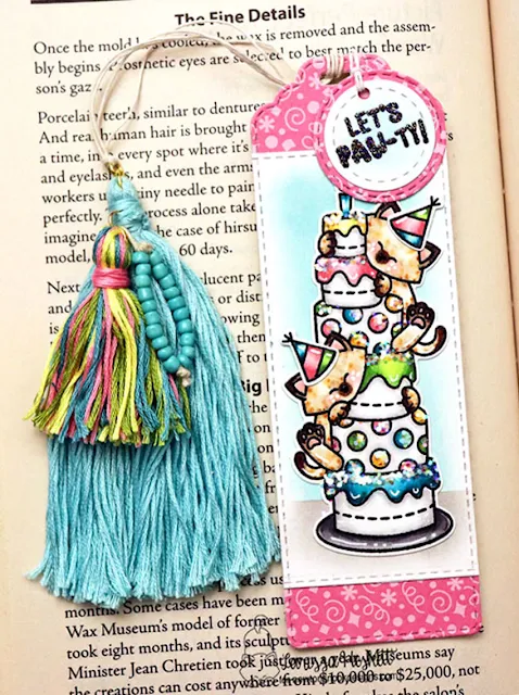 Let's Paw-ty Bookmark created by Larissa Heskett for Newton's Nook Designs using Newton's Birthday Delights, Birthday Meows Paper Pad, Bookmark Die Set and Circle Frames Die Set