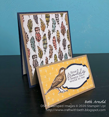 Craft with Beth: Stampin' Up! stamp card double easel card fun fold Free as a Bird stamp set BIrd Ballad Designer Series Paper DSP Story Label Punch modifying a punch friendship thinking of you