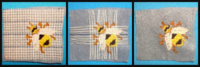 Steps in creating the bee on felt using waste canvas