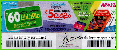 Kerala Lottery Result 12-02-2020 Akshaya AK-432 (keralalotteryresult.net)