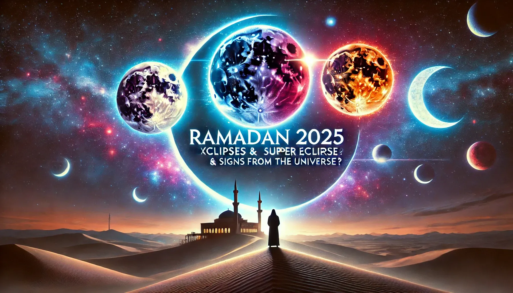 A mesmerizing cosmic scene with a Supermoon, total solar eclipse, and blood-red lunar eclipse in the night sky. A silhouette of a person stands on a sand dune in deep thought, with a glowing mosque in the distance.