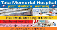 Tata Memorial Centre Recruitment 2018– 233 Female Nurse, Junior Engineer, Lower Division Clerk