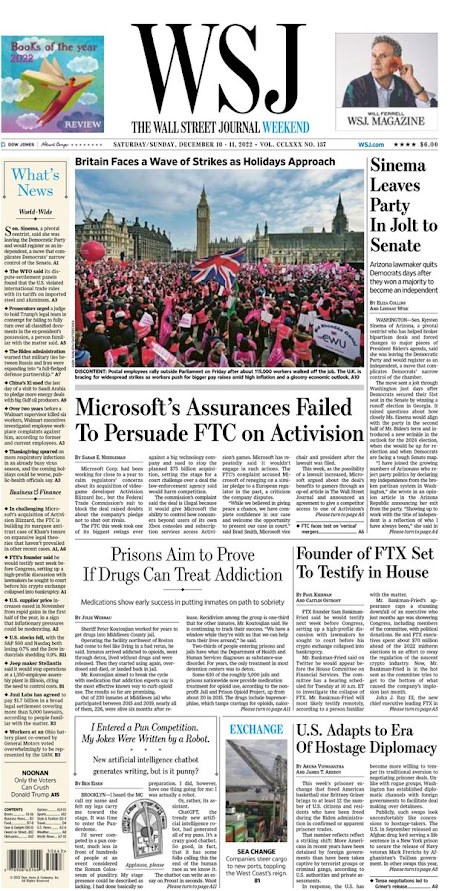 THE WALL STREET JOURNAL WEEKEND   Portada  Sábado y Domingo  10 y 11 de DIciembre de 2022