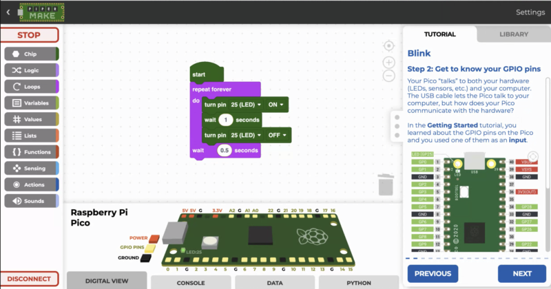 Raspberry Pi Pico-friendly drag-n-drop coding tool