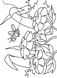 Bee At Flower Garden Coloring Sheet